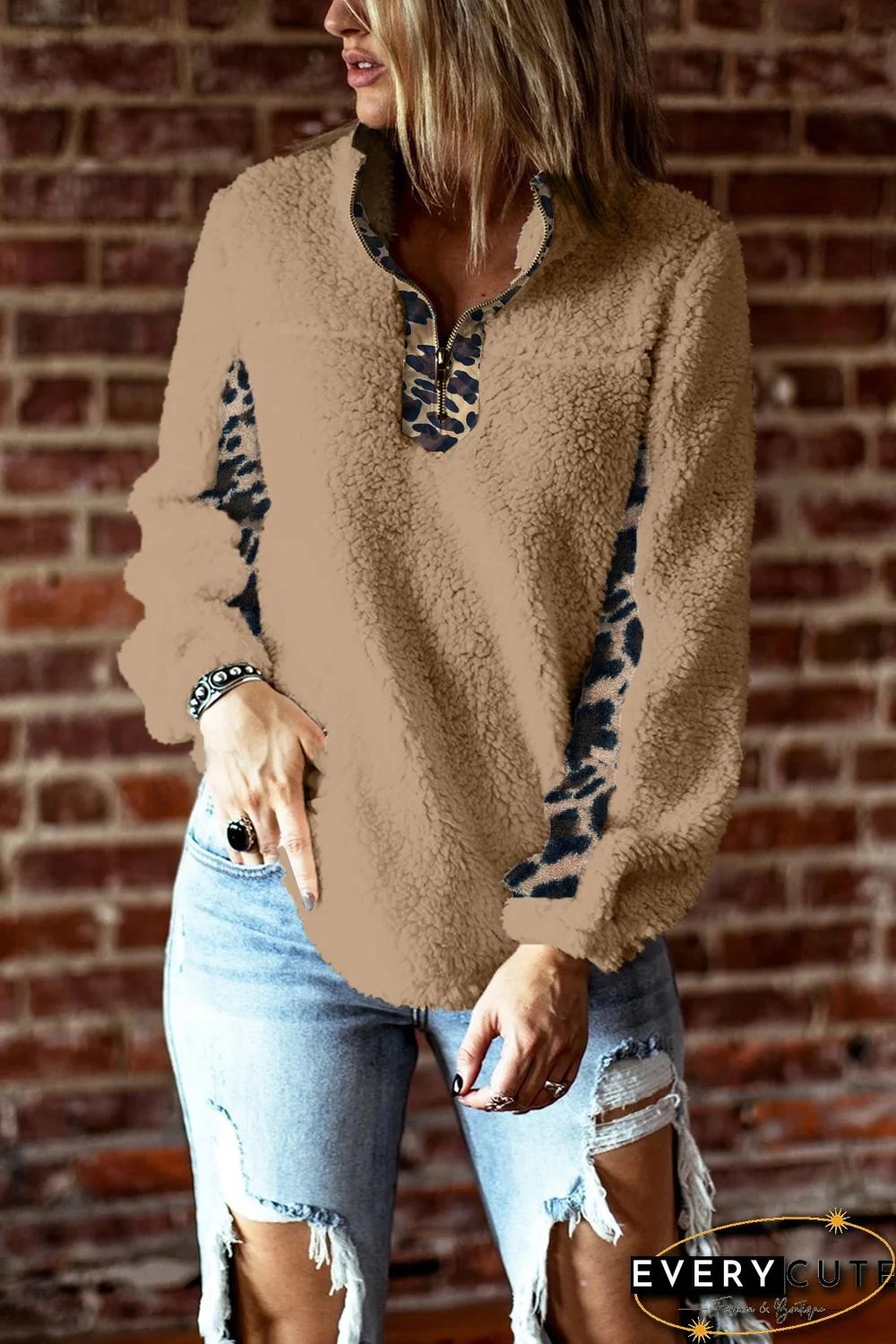 Khaki Turn-down Collar Leopard Splicing Sherpa Sweatshirt