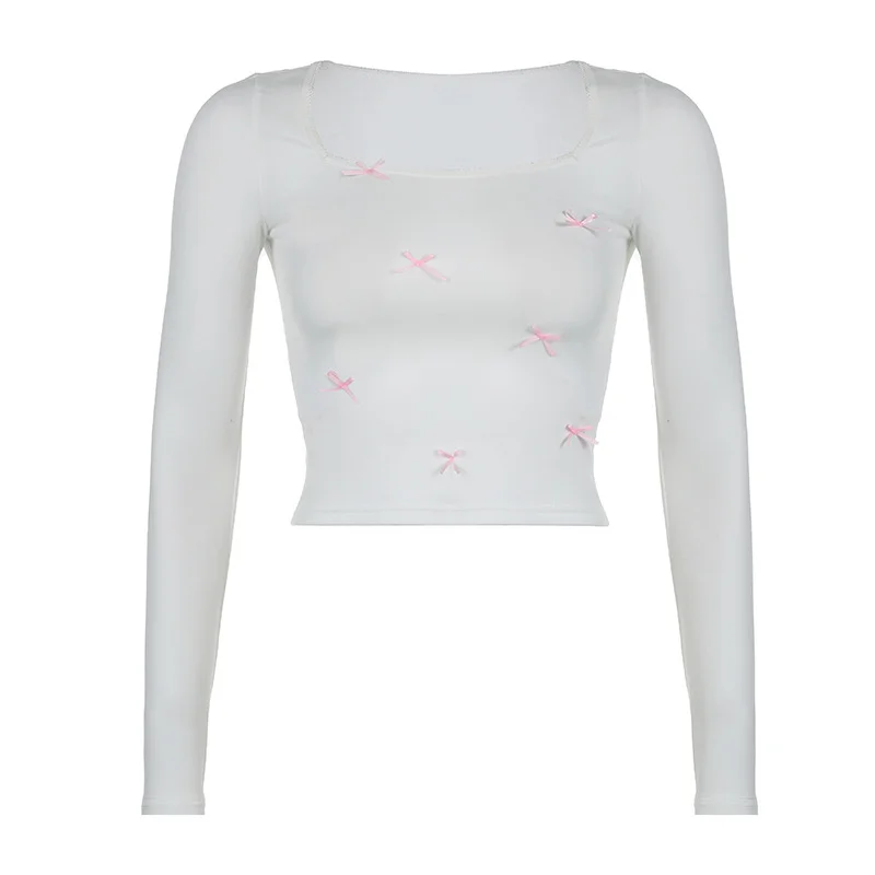 Ueong Feel Pink Bow Tie Square Collar Long-Sleeved T-Shirt 2023 Autumn And Winter New Slim Basic Casual Blouse