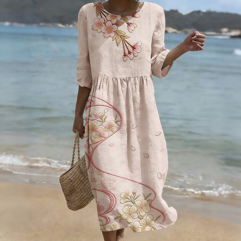 Vintage Cherry Blossom Art Flowy Linen Maxi Dress wearshes