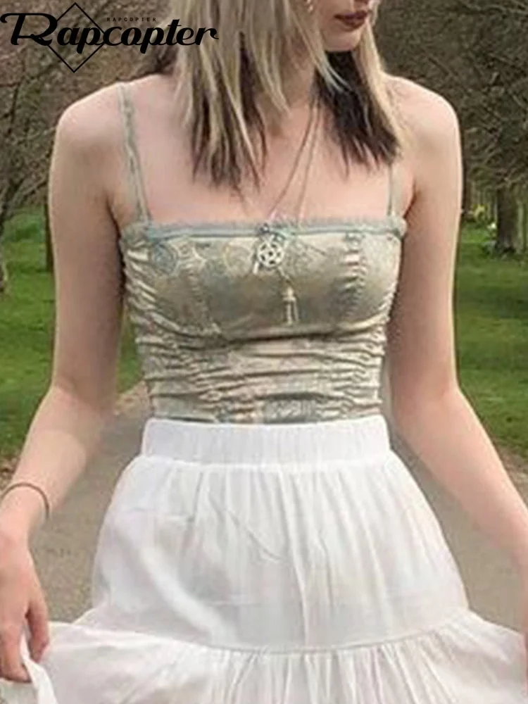 Rapcopter y2k Floral Cop Top Frill Cute Sweet Corset Top Patched Vintage Camis Women Party Holiday Chic Sweats Grung Fairycore