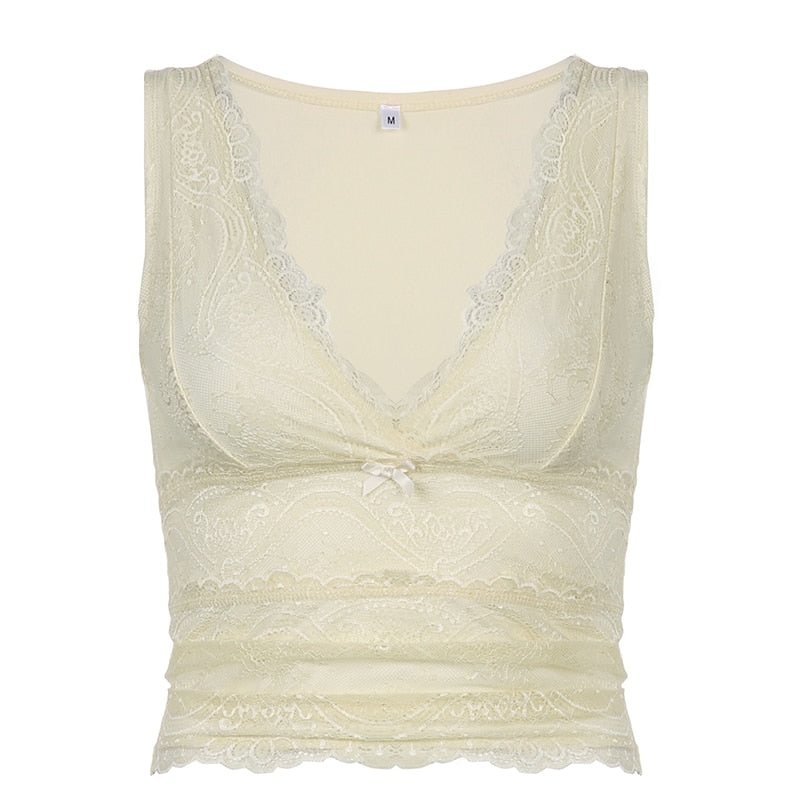 Retro Fairycore Y2K Kawaii Tank Tops Lace Patchwork V-neck Sleeveless Slim Crop Camis Fashion 2000s Sexy Clothes Cuteandpsycho