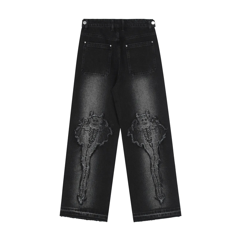 Gamezstake Women's Patchwork Design High Waist Wide-leg Pant Neutral Style Jeans Vintage American Female Straight Black Grey Denim Trousers