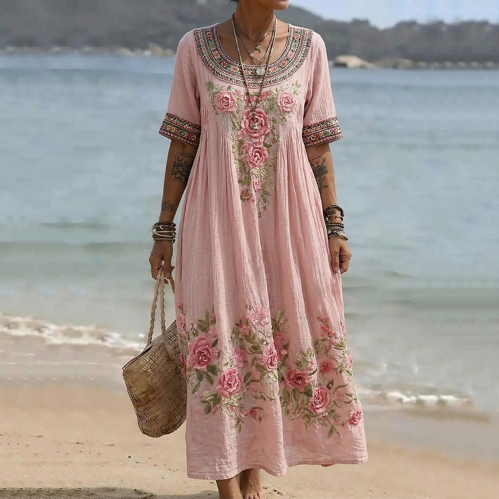 Women's Vintage Rose Floral Art Linen Blend Loose Linen Dress elevenforest