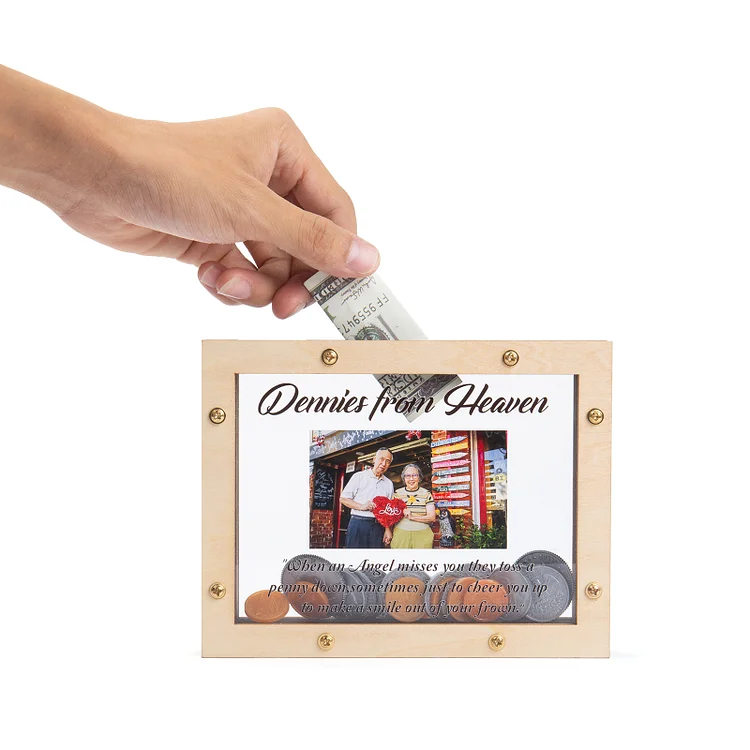 "Dennies From Heaven" Memorial Wooden Piggy Bank Custom Photo Money Box Comfort Gifts