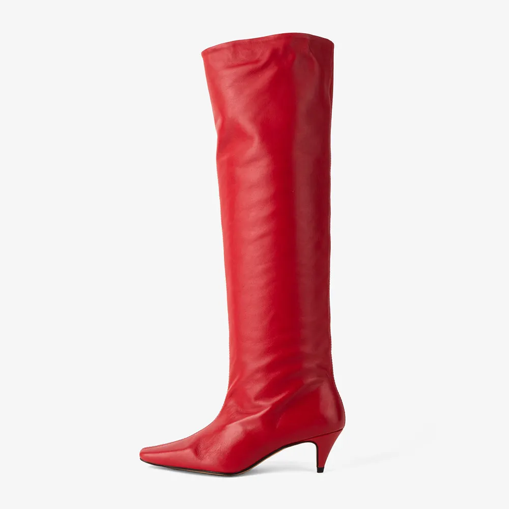 Red Faux Leather Square Toe Kitten Heel Long Boots for Women