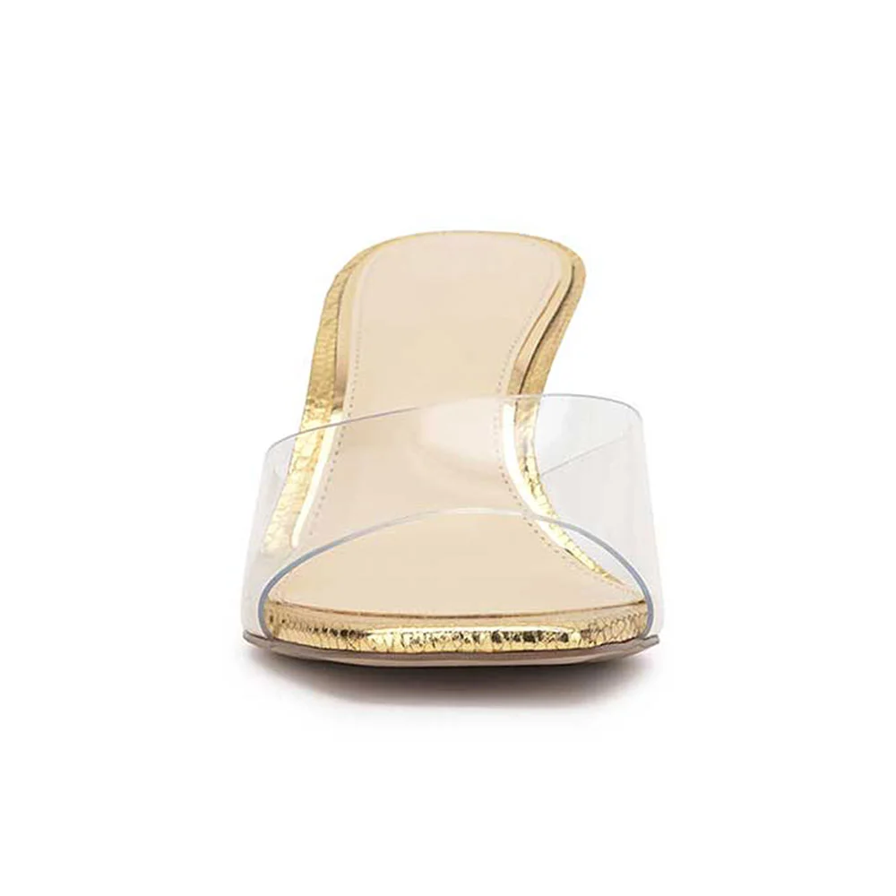 Gold Open Square Toe Slip-On Stiletto Heel Clear Mules Sandals