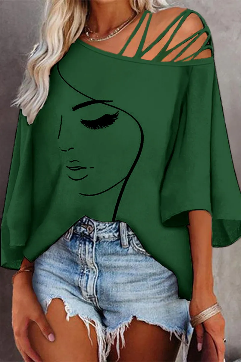 Figure Print Hollow Out Asymmetrical Neck Blouse
