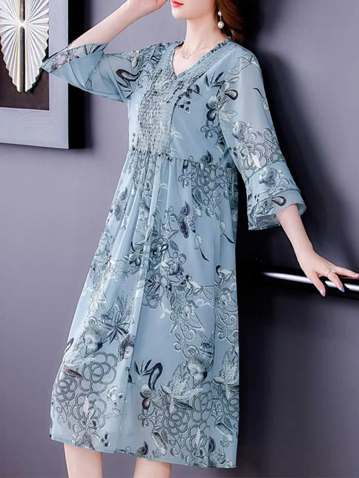 Women's new chiffon print v-neck ruffle dress