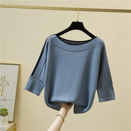 Summer Fashion Women Tops Knitted Solid Tshirt Ice Silk Pullover Short Sleeve Loose Thin Tops Women's Clothing New Clothes 14425