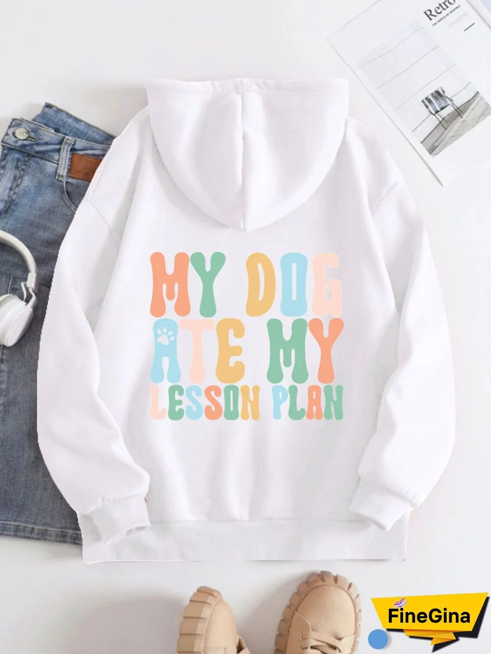 Printed on the Back Kangaroo Pocket Hoodie Long Sleeve for Women Pattern my dog ate my lesson plan