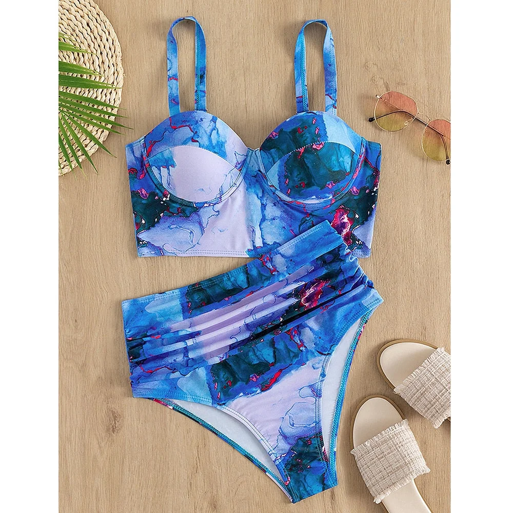2021 New Push Up Sexy Bikini Set High Waist Swimwear Women Swimsuit Female Bathing Suit Bather Leaf Print  Beachwear biquini