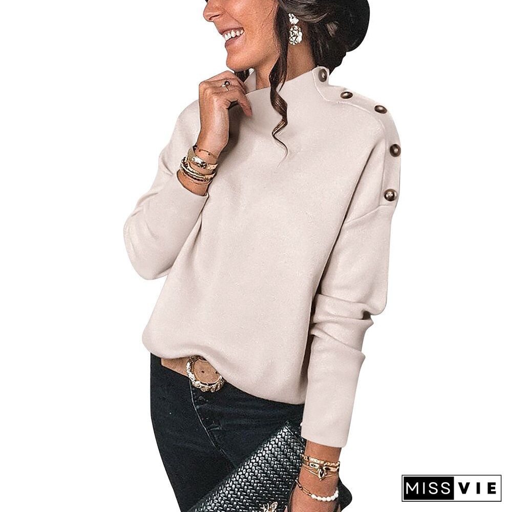 Fashion Turtleneck Button Pullover Women'S Single-Breasted Sweater Long Sleeve Knitted Winter Loose Solid Color Autumn Tops
