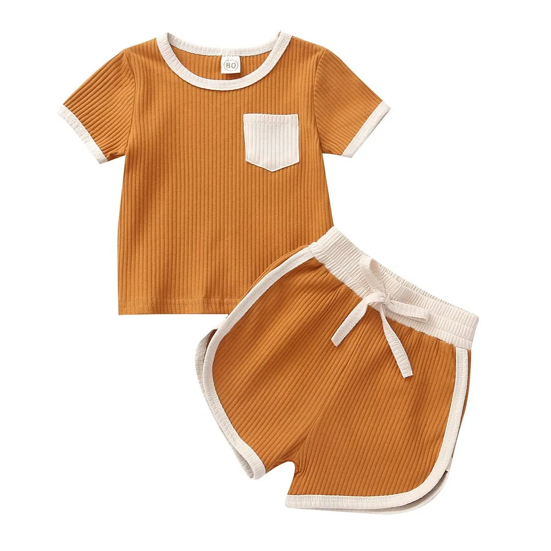 2021 Baby Summer Clothing Kids Baby 2-piece Ribed Outfit Set Short Sleeve Pocket Top+Shorts Set for Children Boys Girls