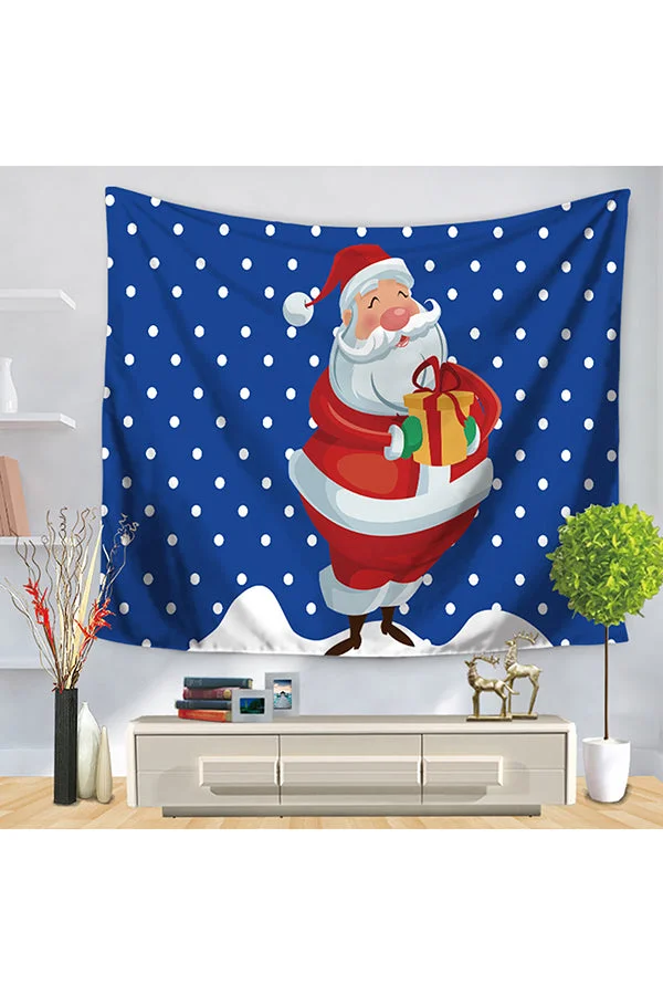 Home Decor Santa Claus Print Polka Dot Christmas Wall Tapestry Blue-elleschic