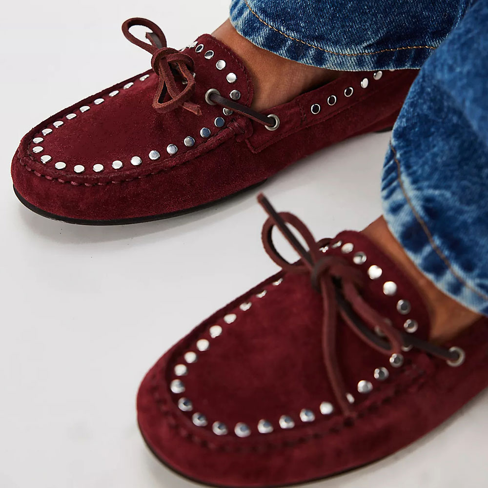 Maroon Faux Suede Round Toe Studded Lace-Up Flat Loafer Shoes Women Nicepairs
