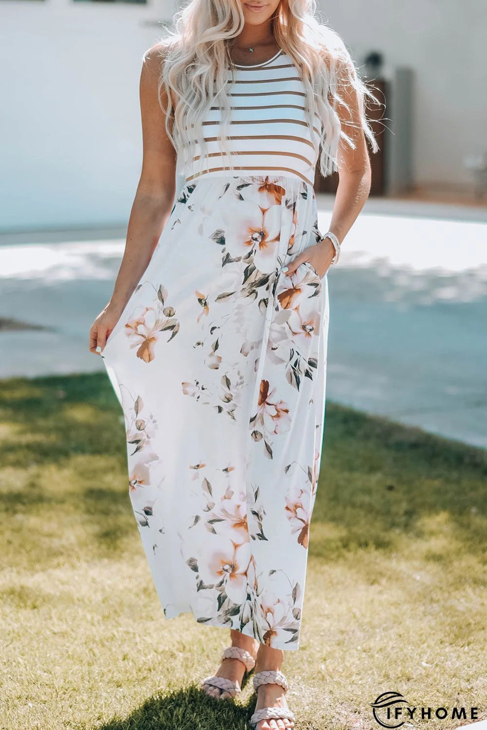 White Striped Floral Print Sleeveless Maxi Dress with Pocket | IFYHOME