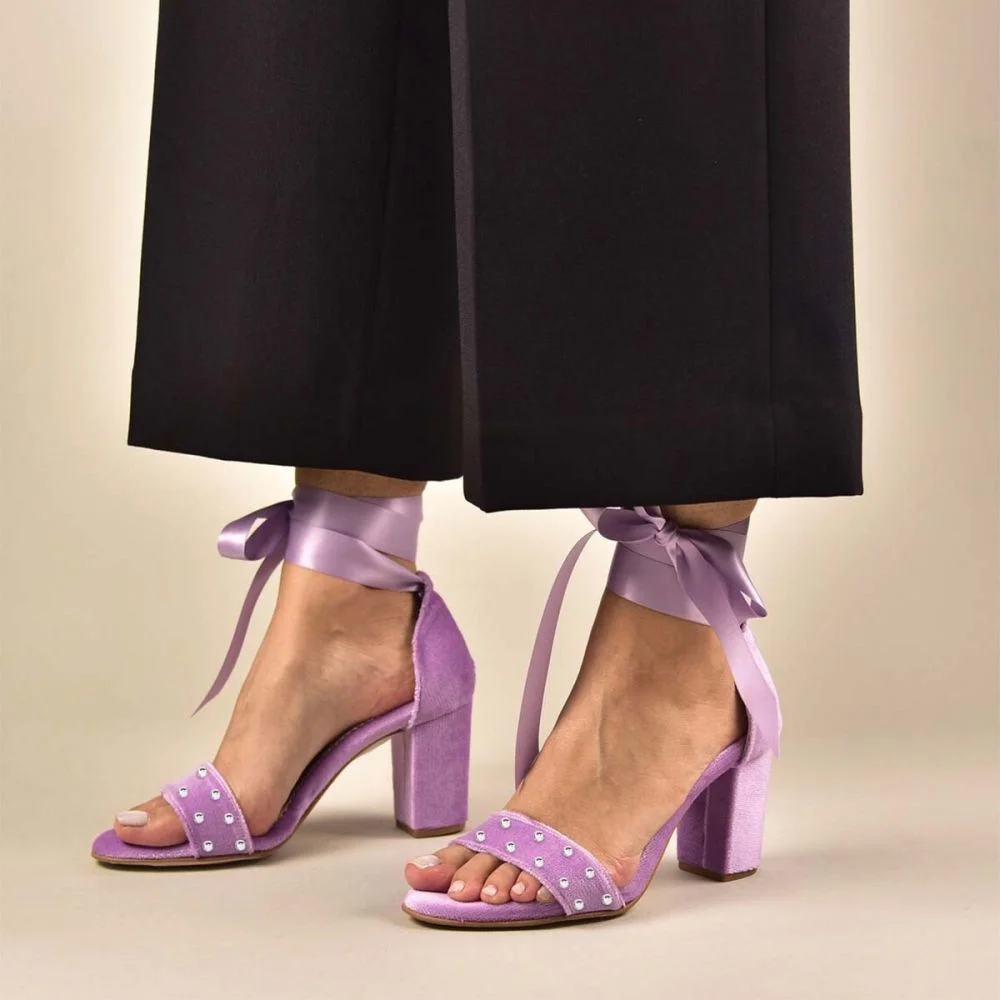 Purple Open Toe Pumps Suede Rhinestone Pumps Chunky Lace Up Pumps Nicepairs