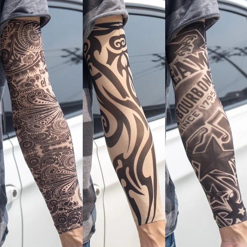 3PCS/lot new mixed 100%Nylon elastic Fake temporary tattoo sleeve skull wolf totem dragon designs body Arm stockings cool men