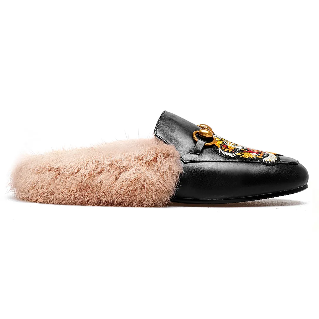 Black Tiger Pattern Rabbit Fur Flats Mules Shoes-vocosishoes