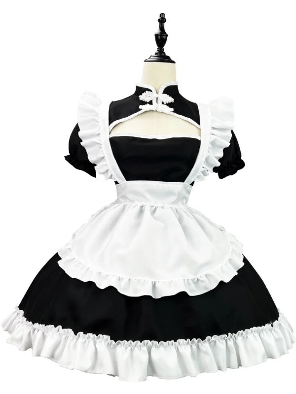 Lolita Cutout Ruffled Bubble Sleeve Mock Neck Mini Maid Dress