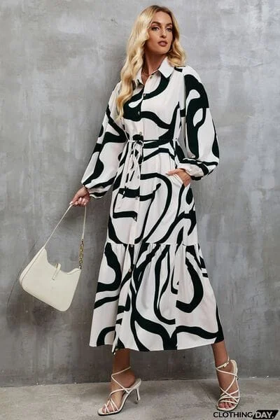 Tie-Waist Printed Button Up Dress