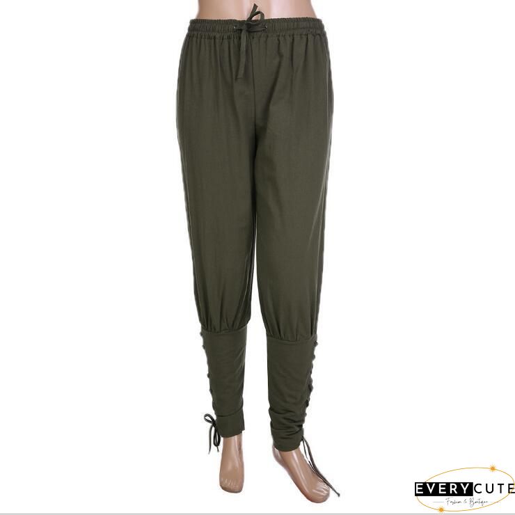 Pure Color High Waist Pockets Casual Lace up Pants