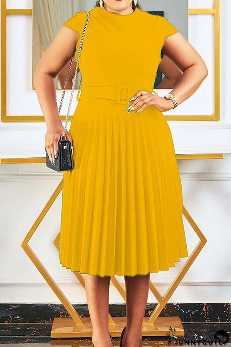 Yellow Fashion Casual Solid Split Joint Basic O Neck Pleated Dresses