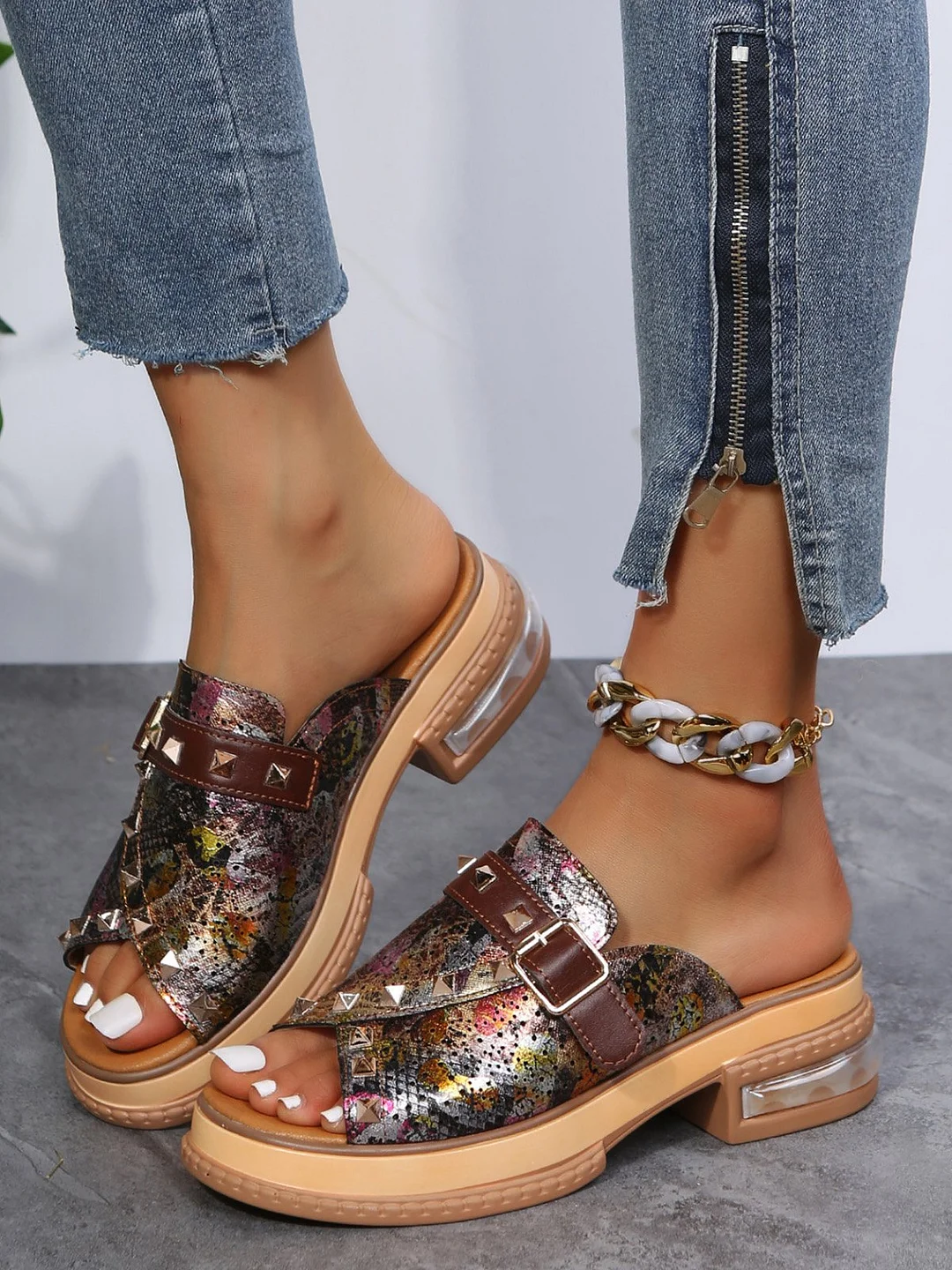 Urban Studded Snake Print Chunky Heel Slippers