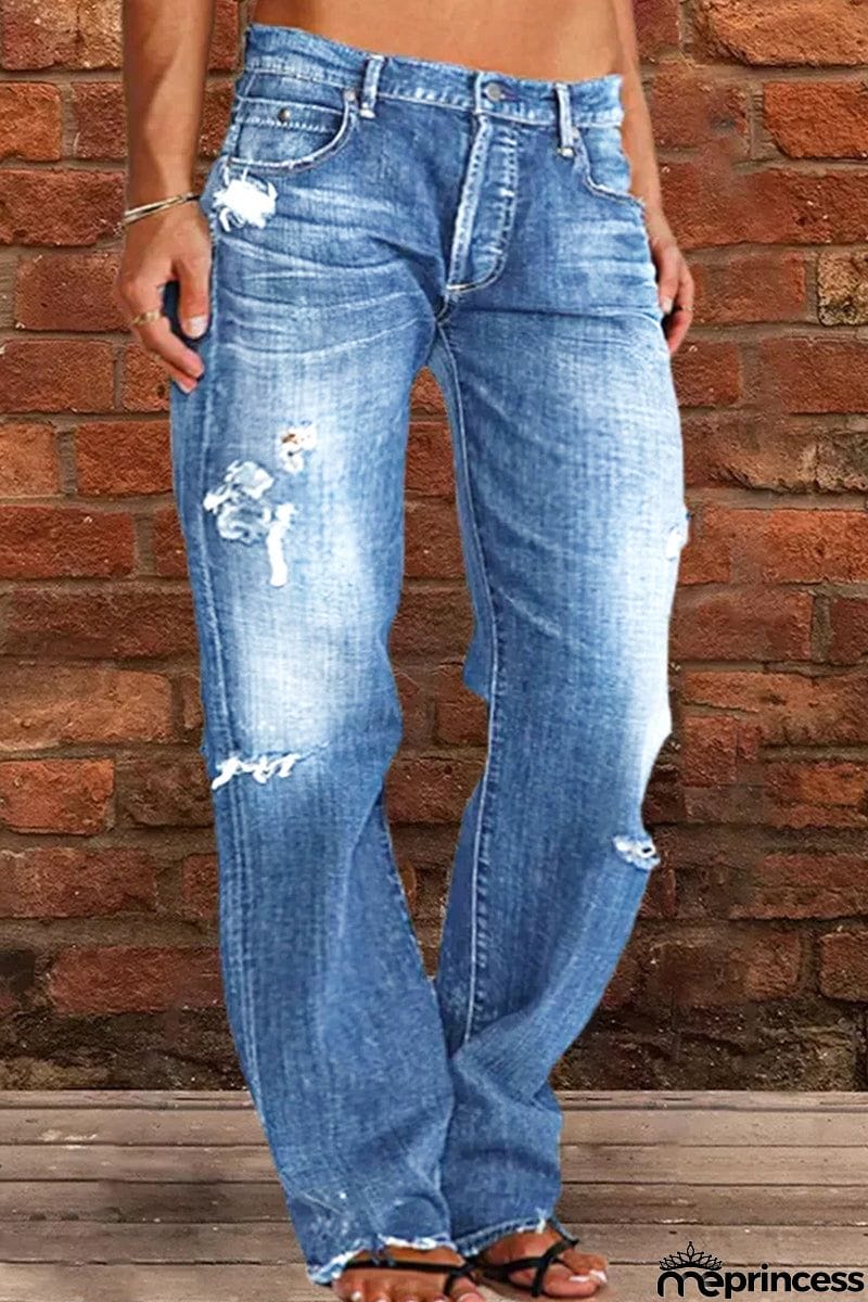 Casual Street Patchwork Ripped Straight Denim Jeans