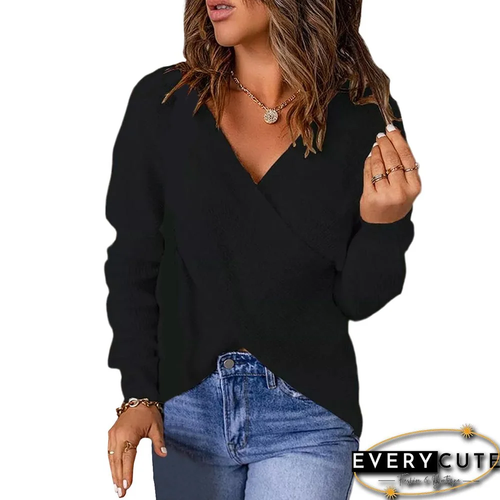 Black V Neck Cross Wrap Knit Sweater