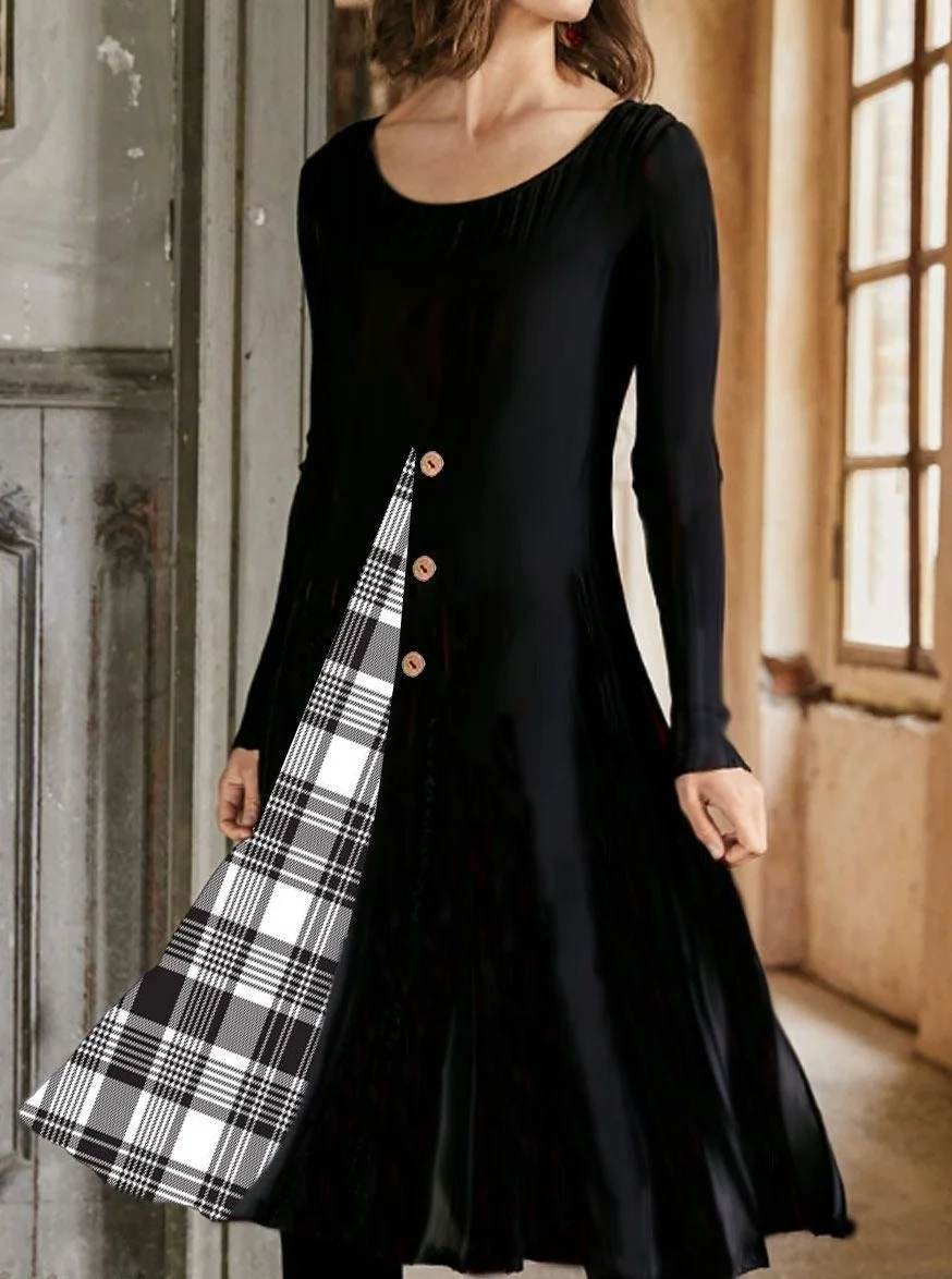 Check Print Fashion Round Neck Casual Long Sleeve Shift Dress Black Dresses