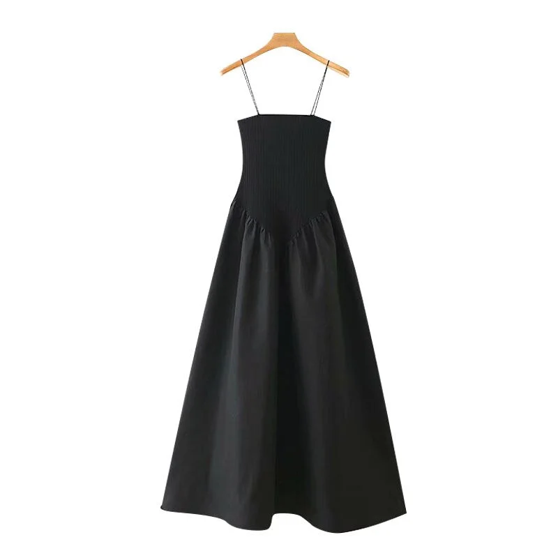TRAF Women Chic Fashion Pathwork Strech Slim Midi Dress Vintage Backless A-line Thin Straps Female Dresses Vestidos