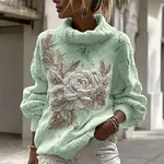 Women's Vintage White Rose Chunky Knit Turtleneck Sweater - Image 6