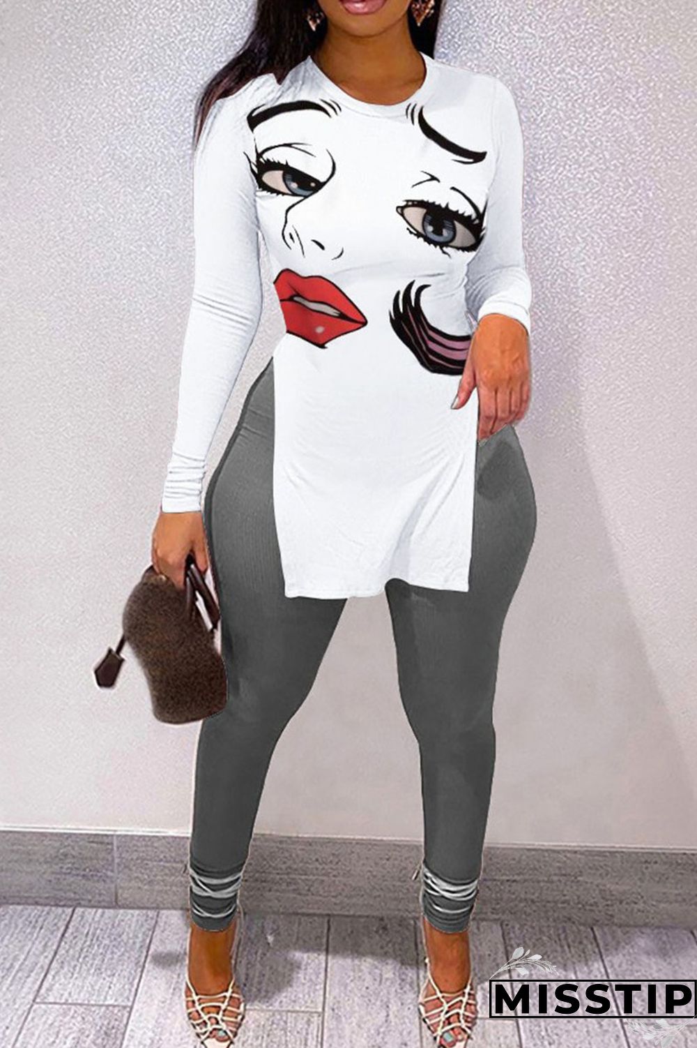 Black Casual Letter Print Patchwork Slit O Neck Long Sleeve Two Pieces