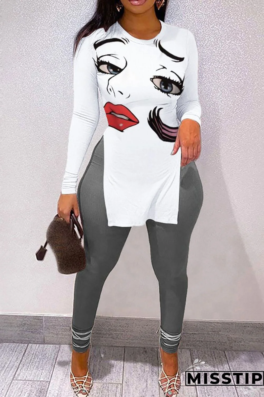 Black Casual Letter Print Patchwork Slit O Neck Long Sleeve Two Pieces