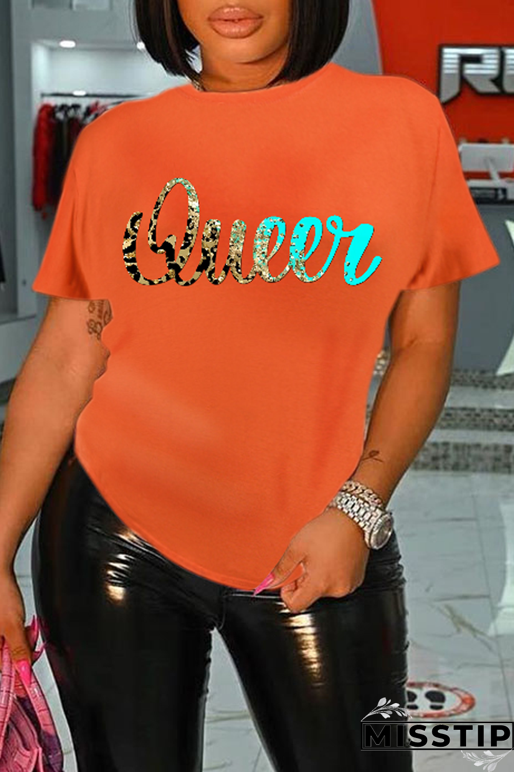 Black Casual Daily Print Patchwork Letter O Neck T-Shirts