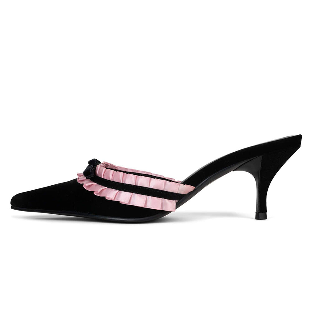 Black Velvet Pointed Toe Kitten Heel Pink Ruffle Mule Pumps Nicepairs