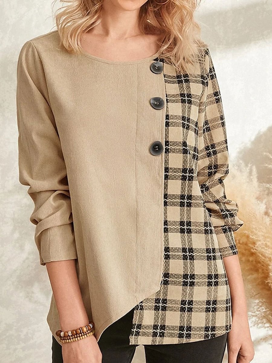Round Neck Casual Loose Check Print Long Sleeve Blouse