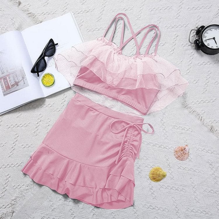 Sweet Cute Pink/Blue Gray Bow High Waist Swimsuit SP17096