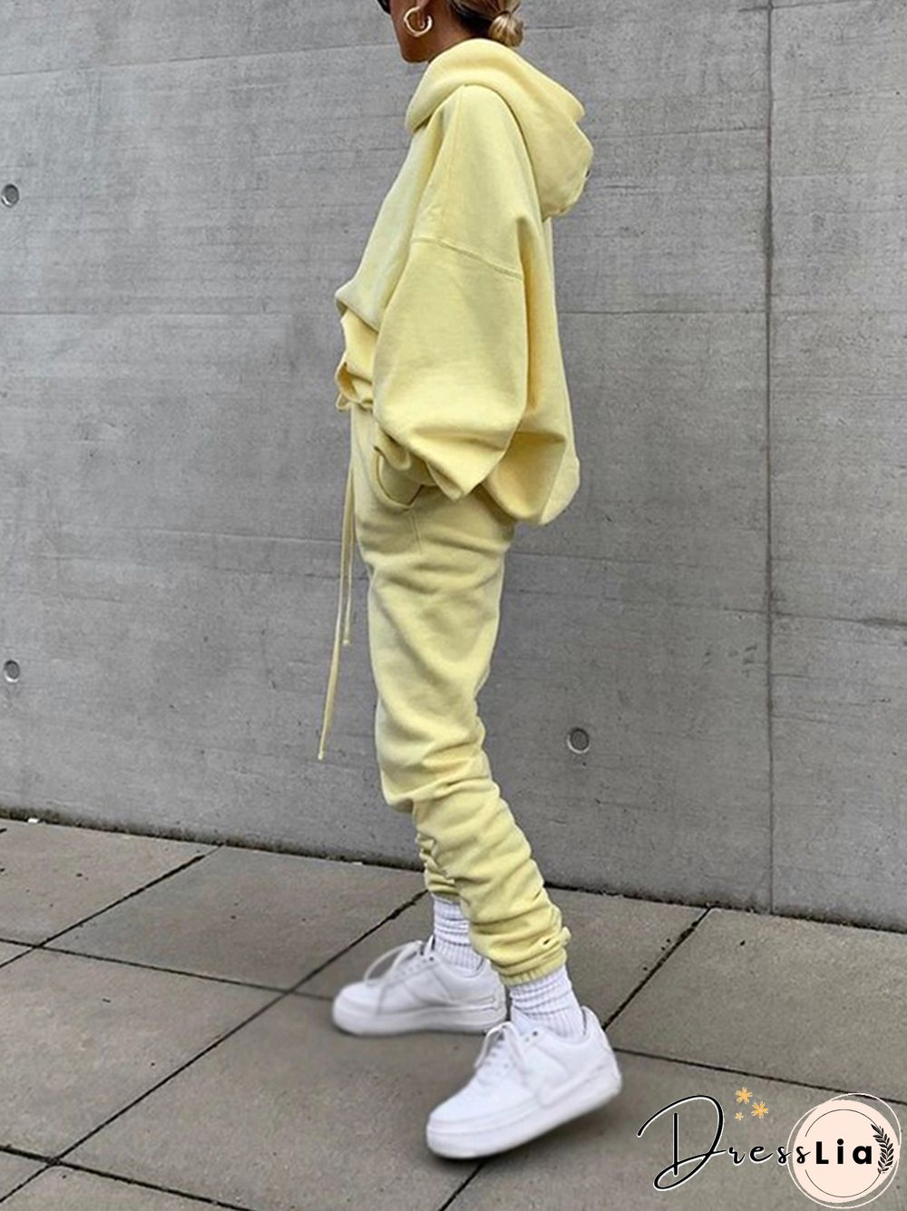 Casual Shoulder Sleeve Pure Color Loose Drawstring Hooded Suit