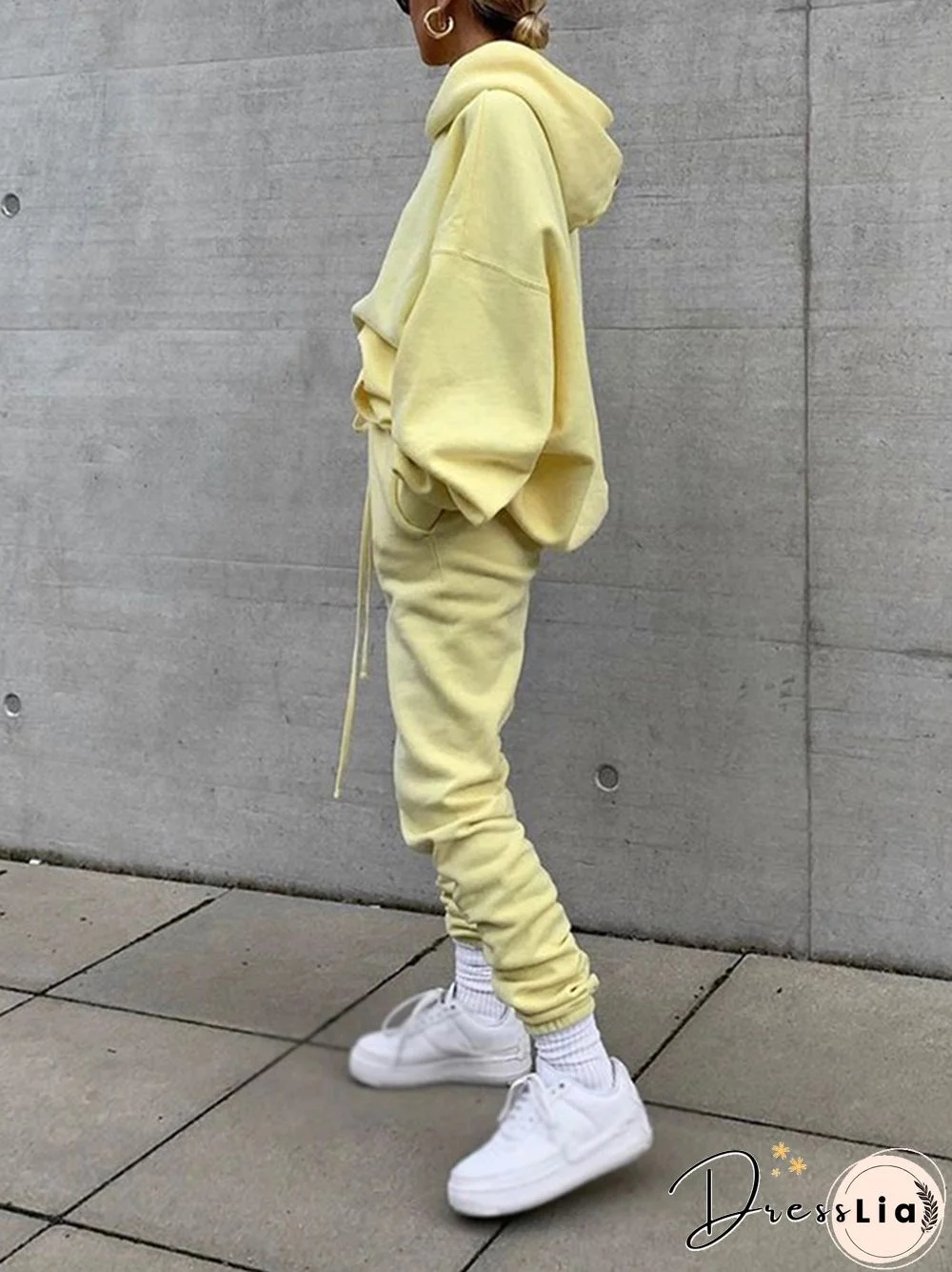 Casual Shoulder Sleeve Pure Color Loose Drawstring Hooded Suit