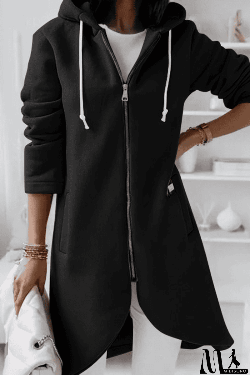 MidiSono - Casual Solid Draw String Zipper Hooded Collar Outerwear(8 Colors)