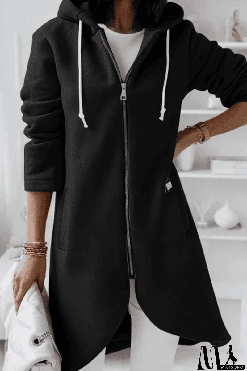MidiSono - Casual Solid Draw String Zipper Hooded Collar Outerwear(8 Colors)