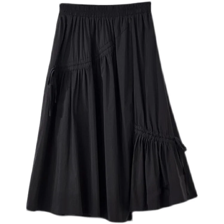 Chic Black Elastic Waist Asymmetrical Drawstring Skirt      