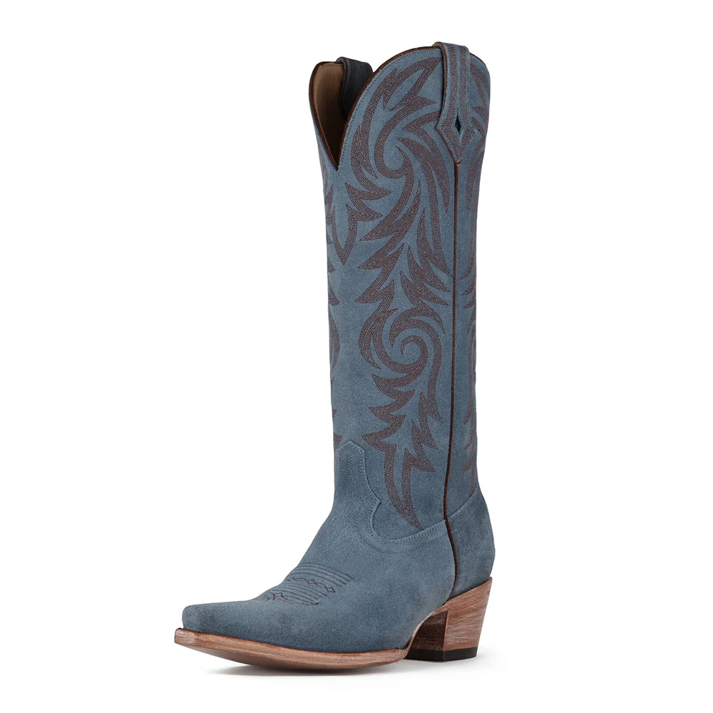 Blue Snip Toe Embroidered Chunky Heel Knee High Cowgirl Boots