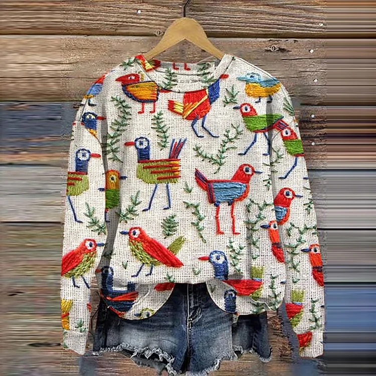 Comstylish Birds Boho Embroidery Art Print Sweatshirt