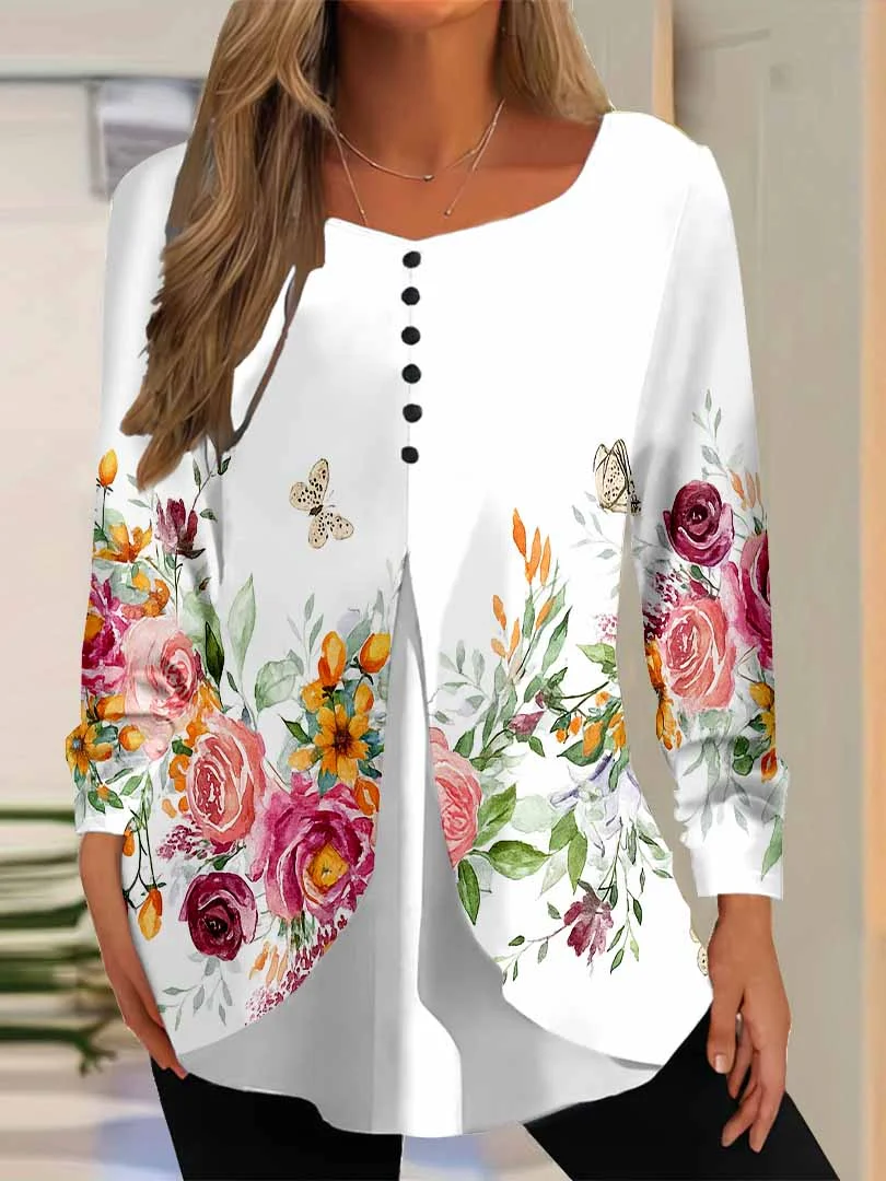 Women Floral,White DZGG8296 Long Sleeve Scoop Neck Printed Graphic Button Fake 2in1 Tops