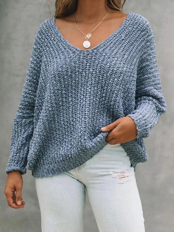 Solid Color Long Sleeves Loose V-Neck Sweater Tops Pullovers Knitwear