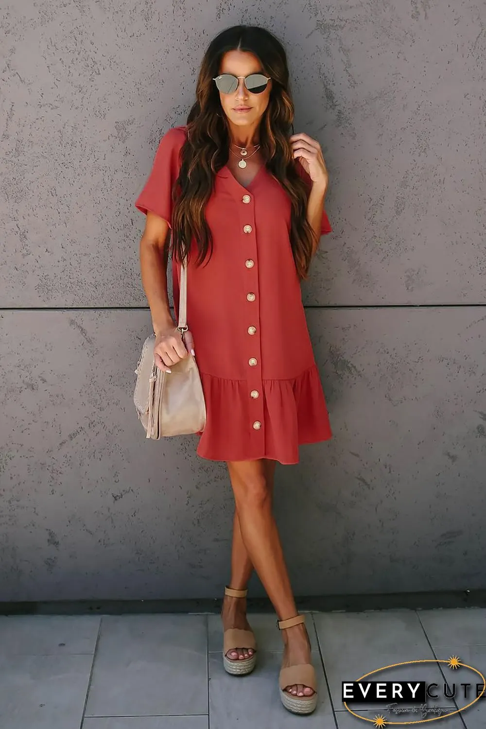Red Pocketed Button Down Ruffle Dress