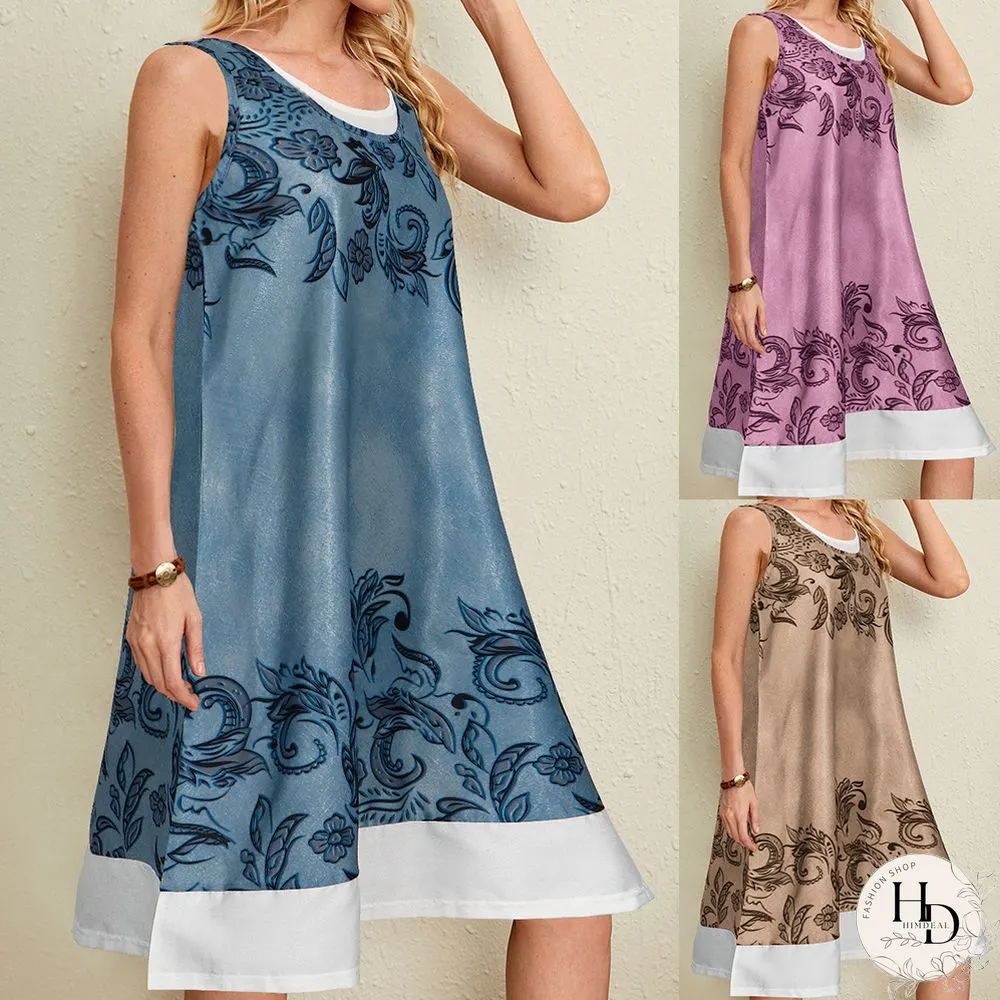 Short Hanging Bandwidth Loose Waist Pink Printed Large Swing Dress for Women